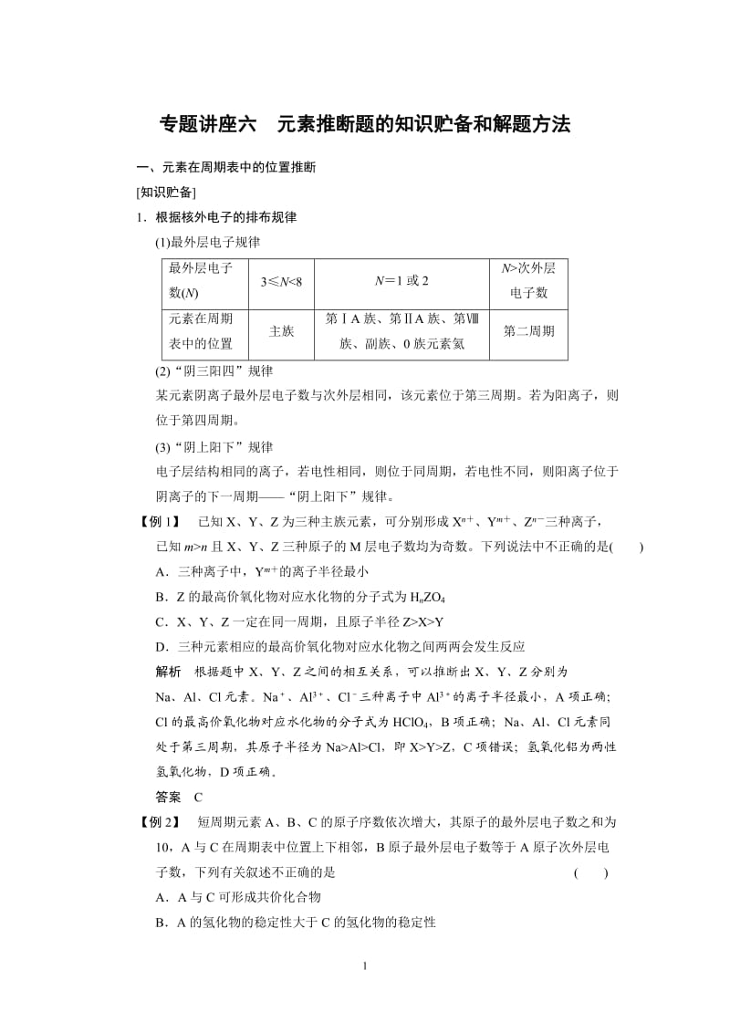 专题讲座6 元素推断题的知识贮备和解题方法_第1页