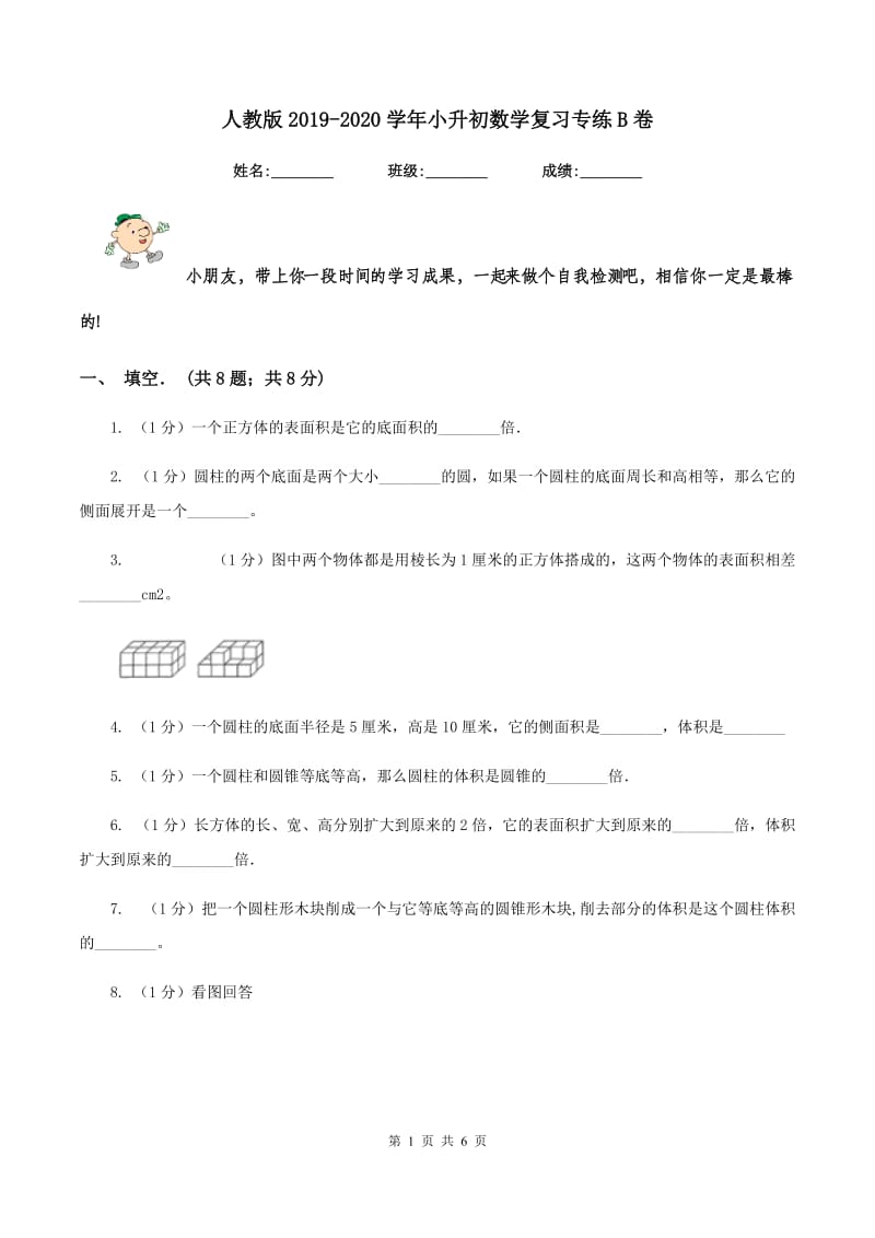 人教版2019-2020学年小升初数学复习专练B卷_第1页