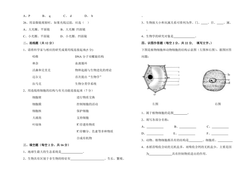 北师版七年级上册生物期中考试试题_第3页