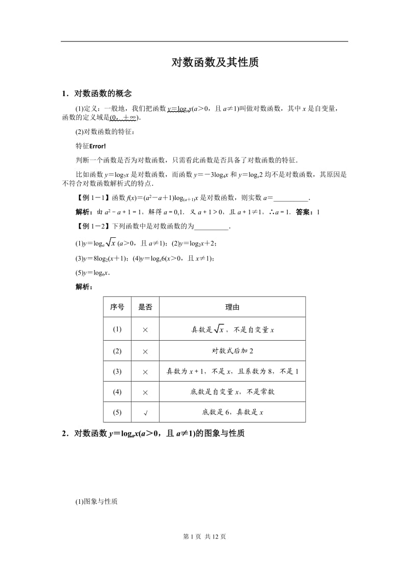 对数函数性质及练习(有答案)_第1页