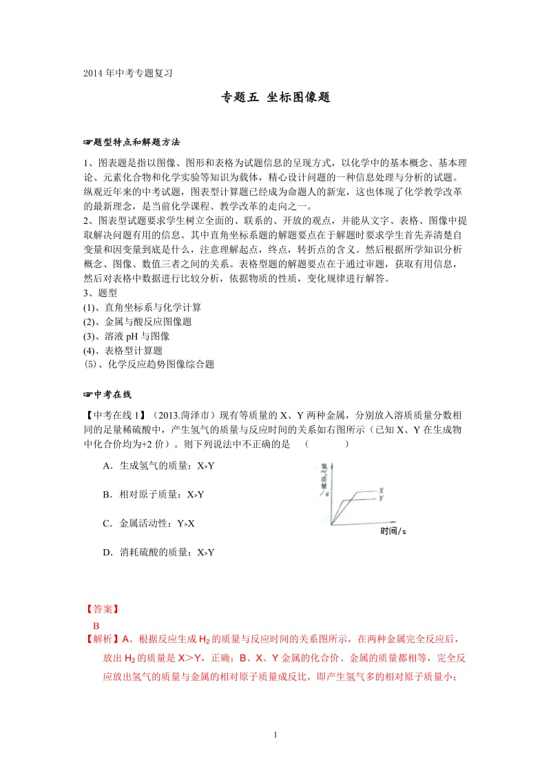 2014中考专题复习：专题5 坐标图像题_第1页