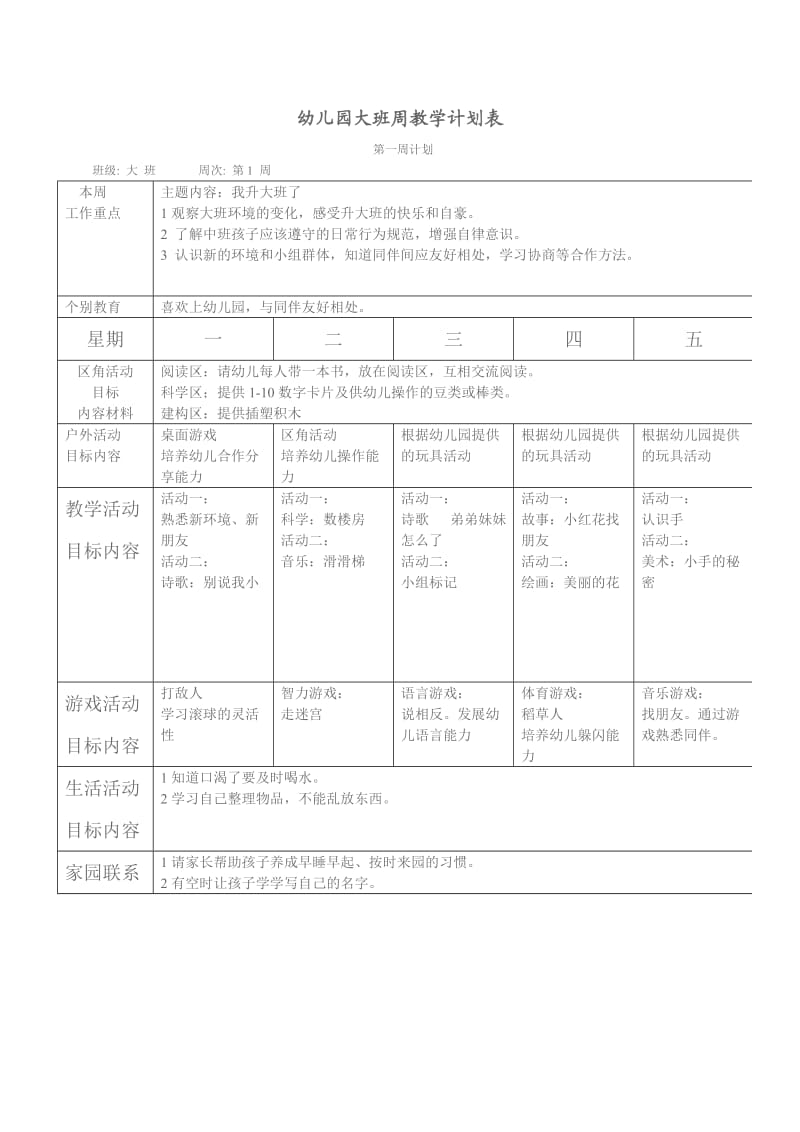 大班幼儿园周工作计划231表_第1页