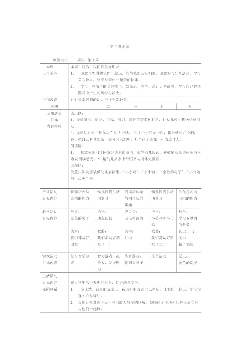 大班幼儿园周工作计划231表_第3页