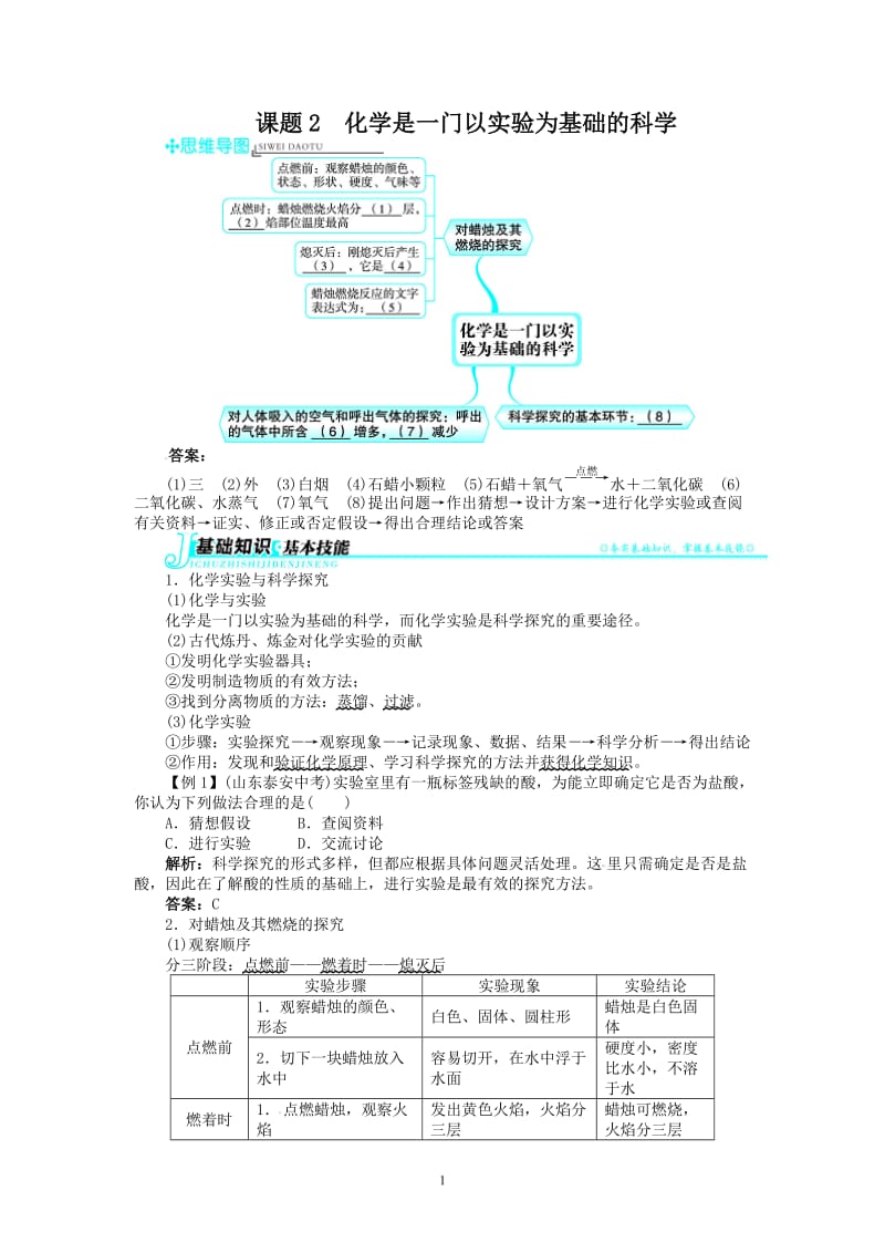 新人教版九年级化学上册例题精讲：第1单元 课题2化学是一门以实验为基础的科学_第1页