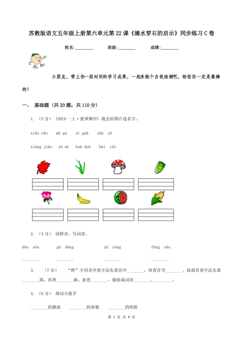 苏教版语文五年级上册第六单元第22课《滴水穿石的启示》同步练习C卷_第1页