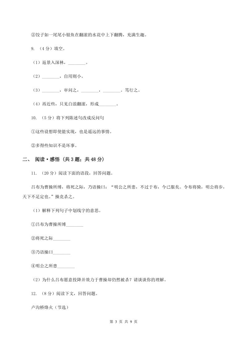 北师大版2020年名校小升初语文模拟试卷（九)(I）卷_第3页