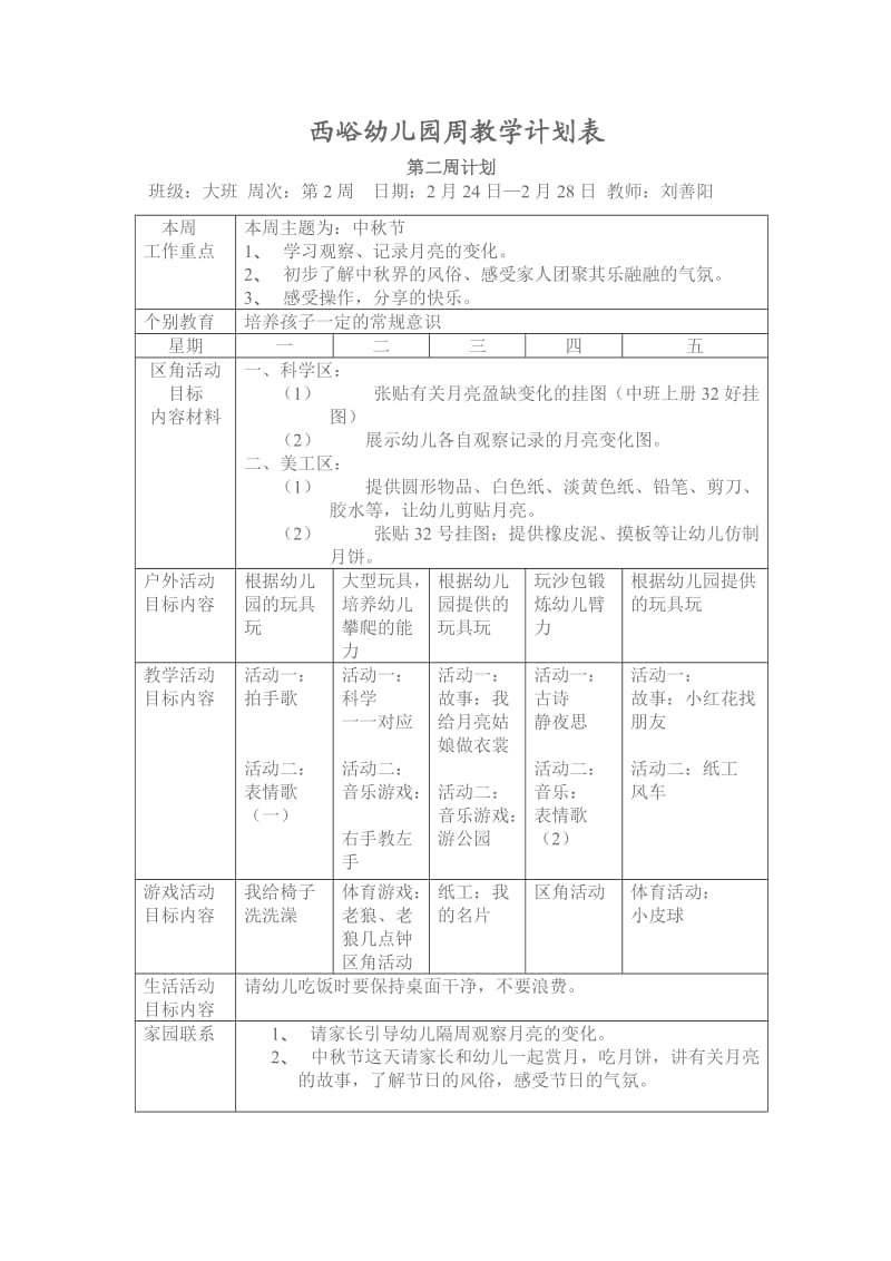 大班幼儿园周工作计划表_第2页