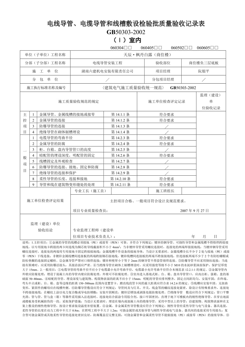 电线导管、电缆导管和线槽敷设检验批质量验收记录表_第1页