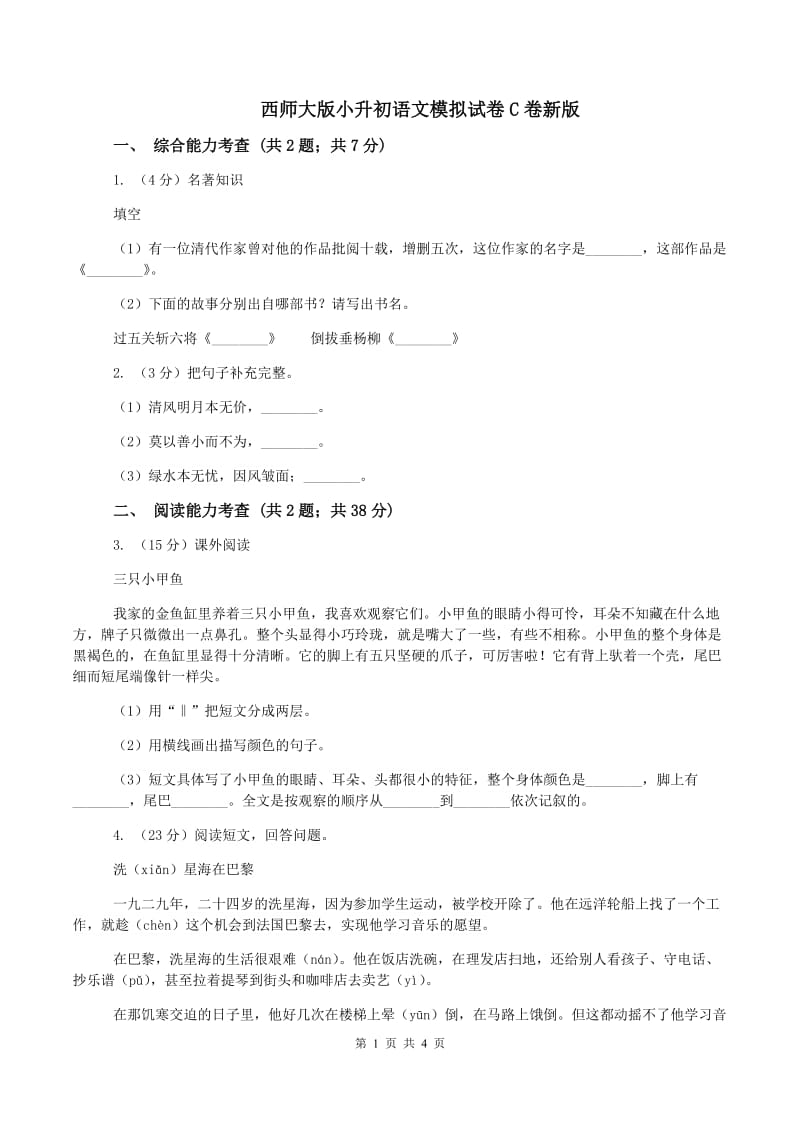 西师大版小升初语文模拟试卷C卷新版_第1页