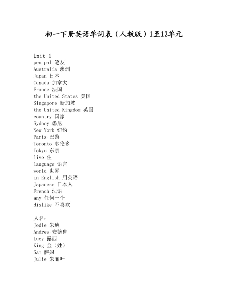 初一下册英语单词表(人教版)1至12单元_第1页