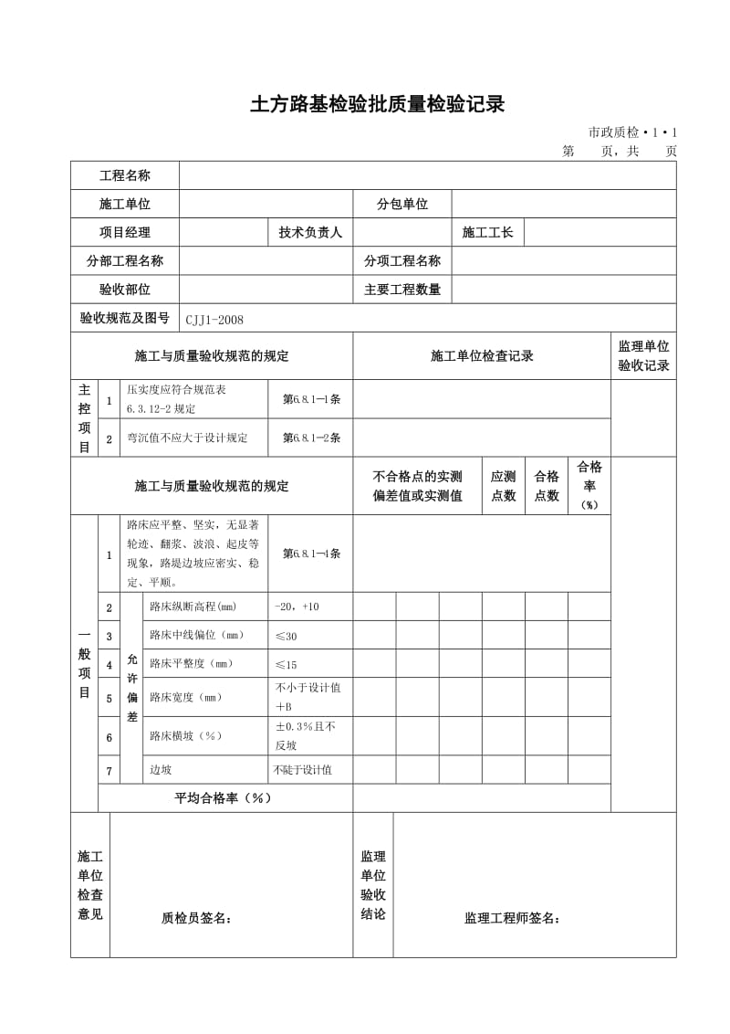 城镇道路工程(CJJ1-2008)检验批质量检验记录表格_第3页