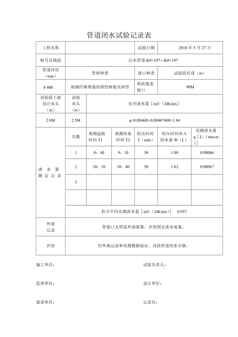 管道闭水试验记录表_第2页