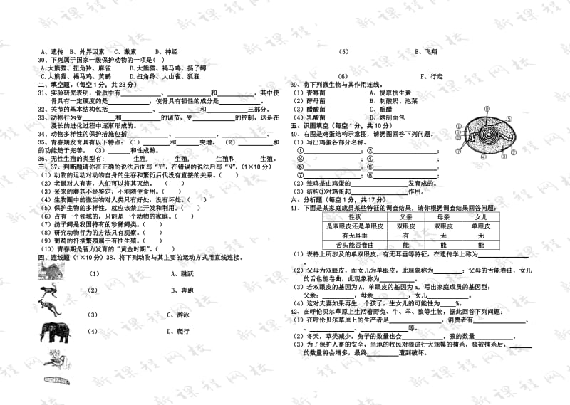 北师大版八年级生物上册期末考试试卷1_第2页