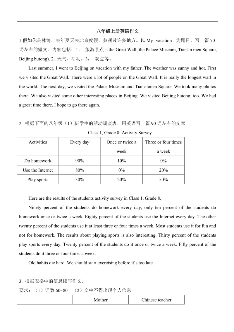 人教版八年级英语上册各单元话题作文_第1页