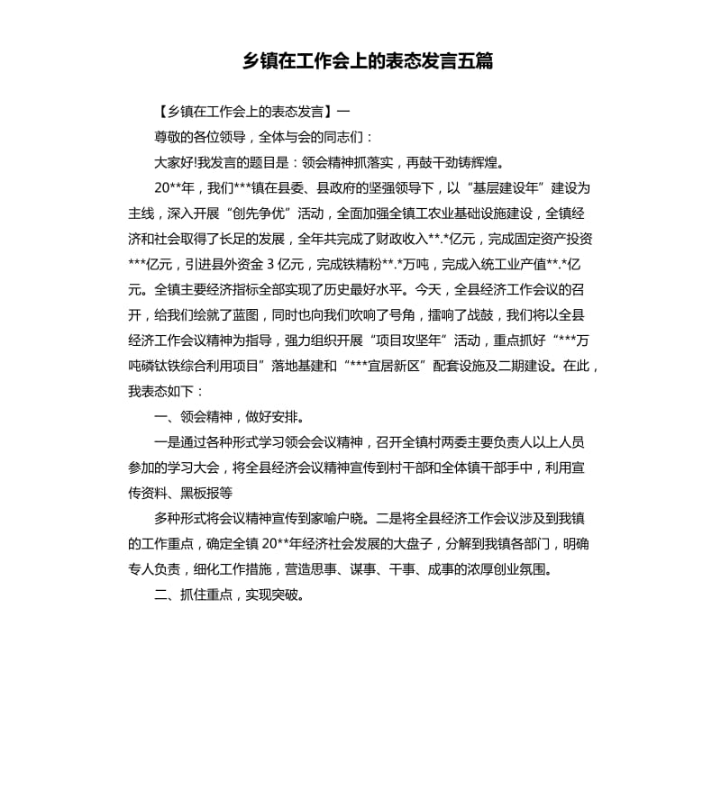 乡镇在工作会上的表态发言五篇.docx_第1页