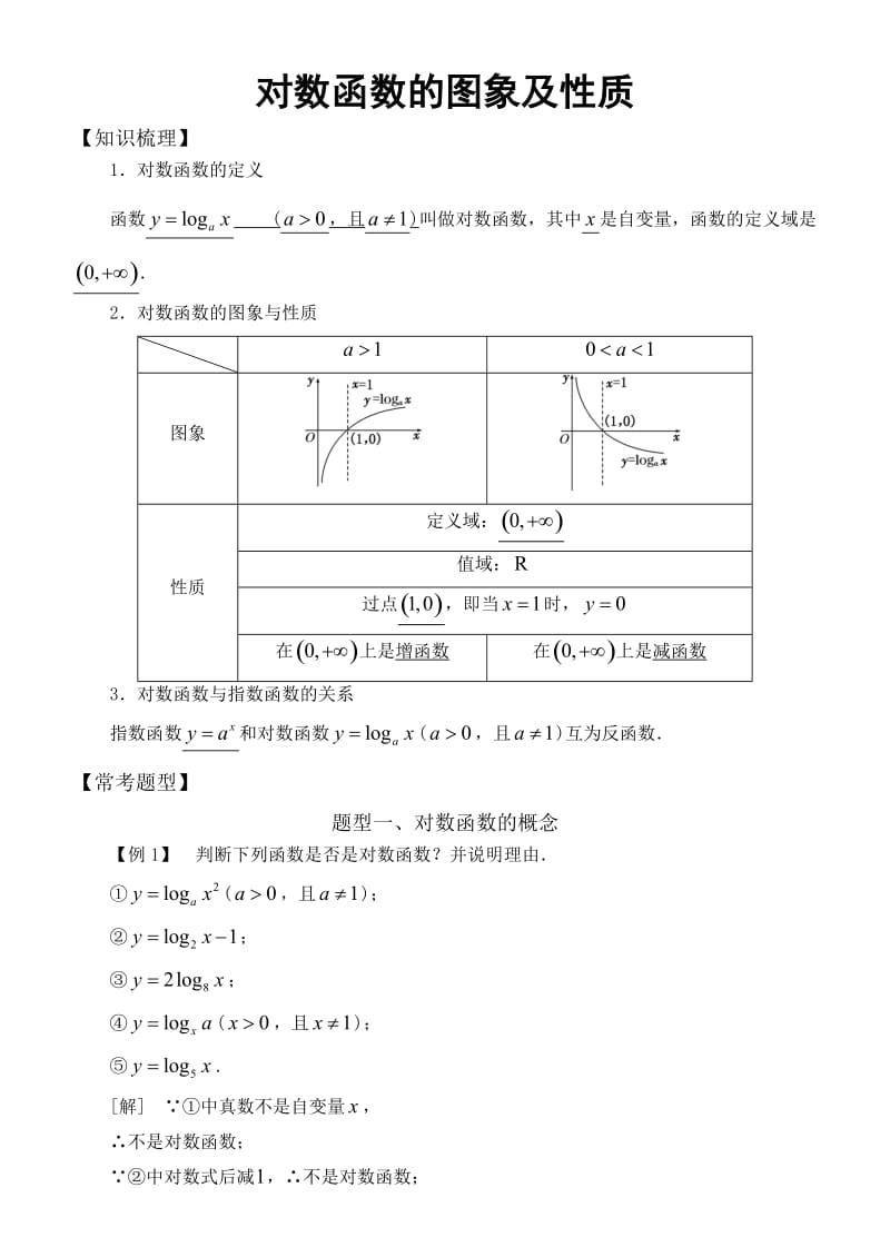 高中数学必修1基本初等函数常考题型：对数函数的图象及性质_第1页