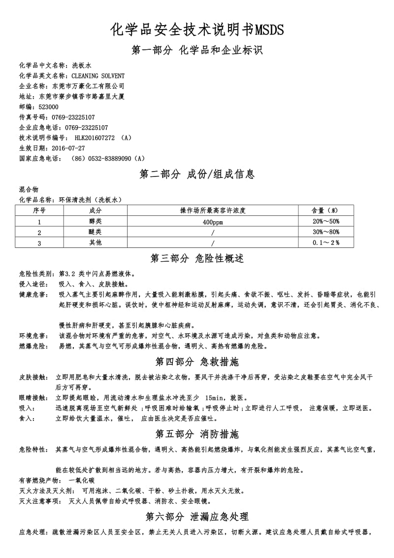 化学品安全技术说明书MSDS-洗板水_第1页