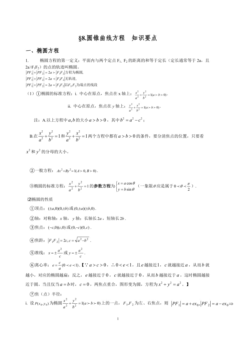 高中数学圆锥曲线方程知识点总结_第1页