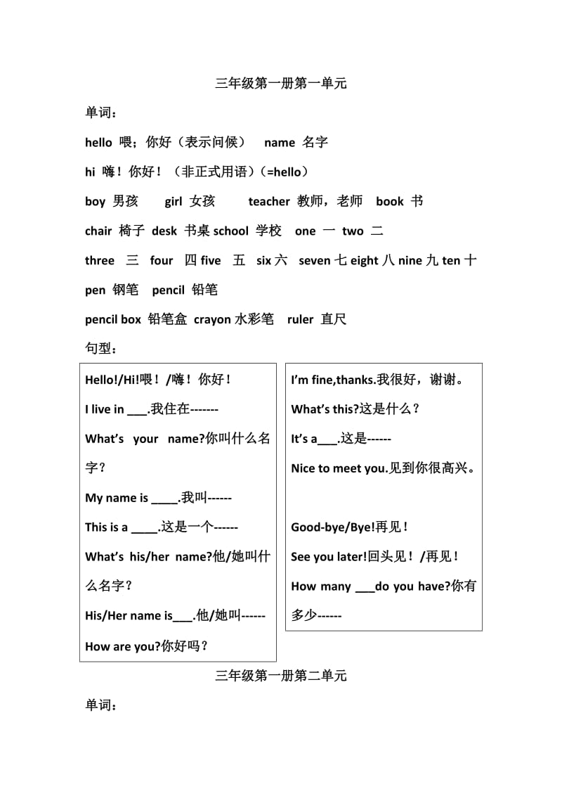 冀教版三年级上册英语复习资料_第1页