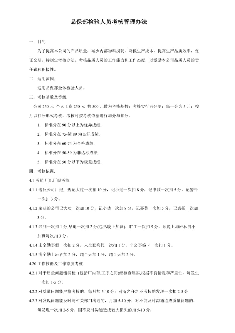 品保部考核管理办法及考核表_第1页