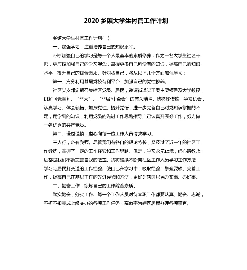 2020乡镇大学生村官工作计划.docx_第1页