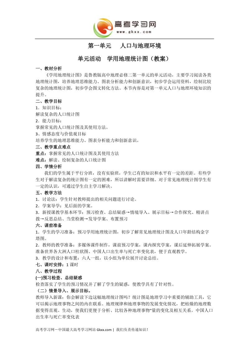 高中地理教学案一体化（鲁教版）：必修二 第1单元 单元活动 学用地理统计图_第1页