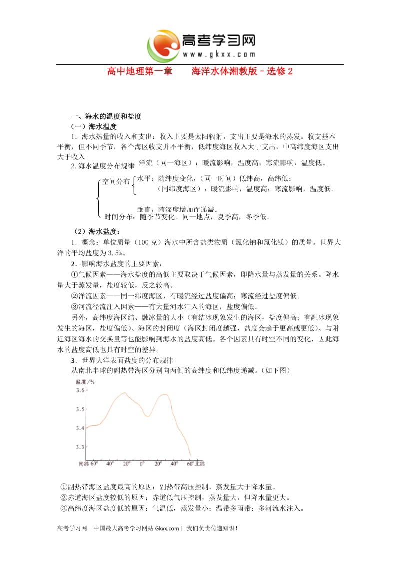 高中地理《海洋水体》同步练习（湘教版–选修2）_第1页