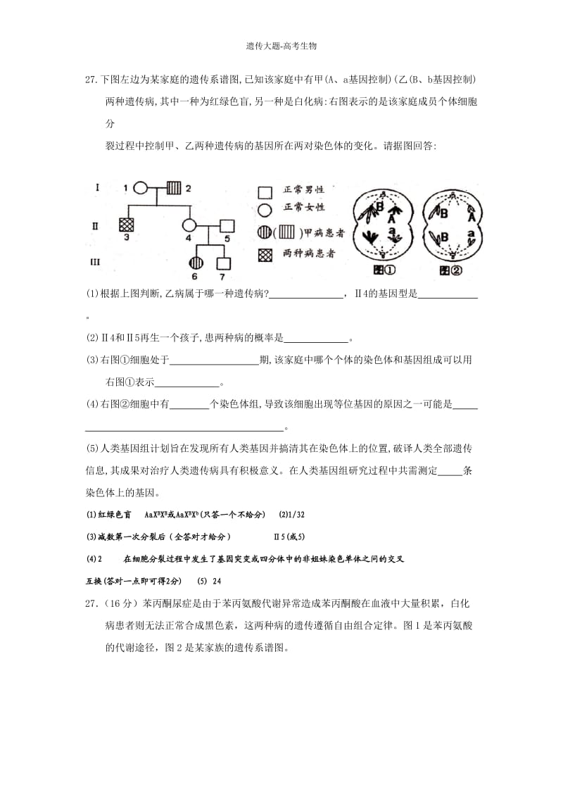 高考生物-遗传大题总结_第1页