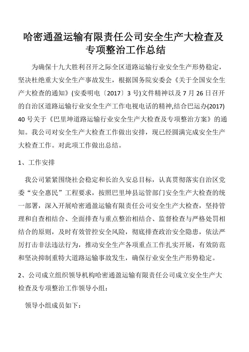 哈密通盈运输有限责任公司安全生产大检查及专项整治工作总结_第1页