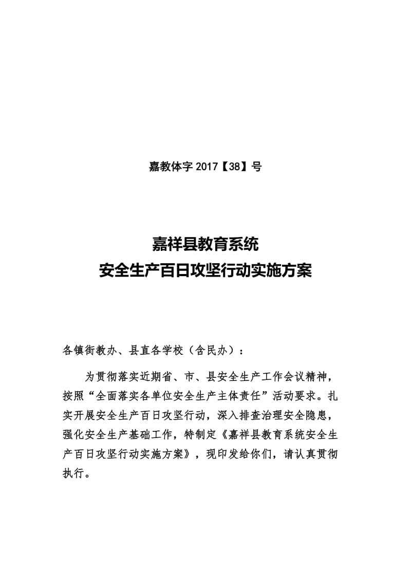 嘉祥县教育系统安全生产百日攻坚行动实施方案_第1页