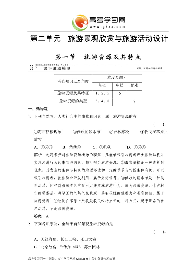 高中地理2.1《旅游资源及其特点》每课一练1（鲁教版选修3）_第1页