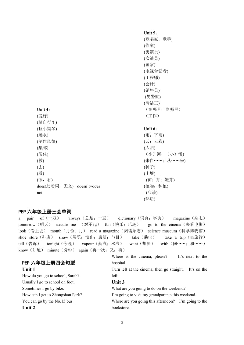 人教版PEP六年级上册英语期中UNIT1-UNIT3单词和句型测试题-复习题第一单元到第三单元_第3页