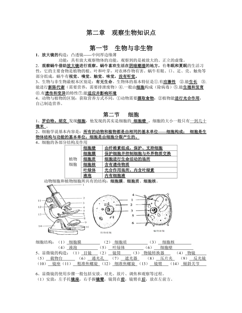 七年级上册科学第二章-观察生物-知识点_第1页