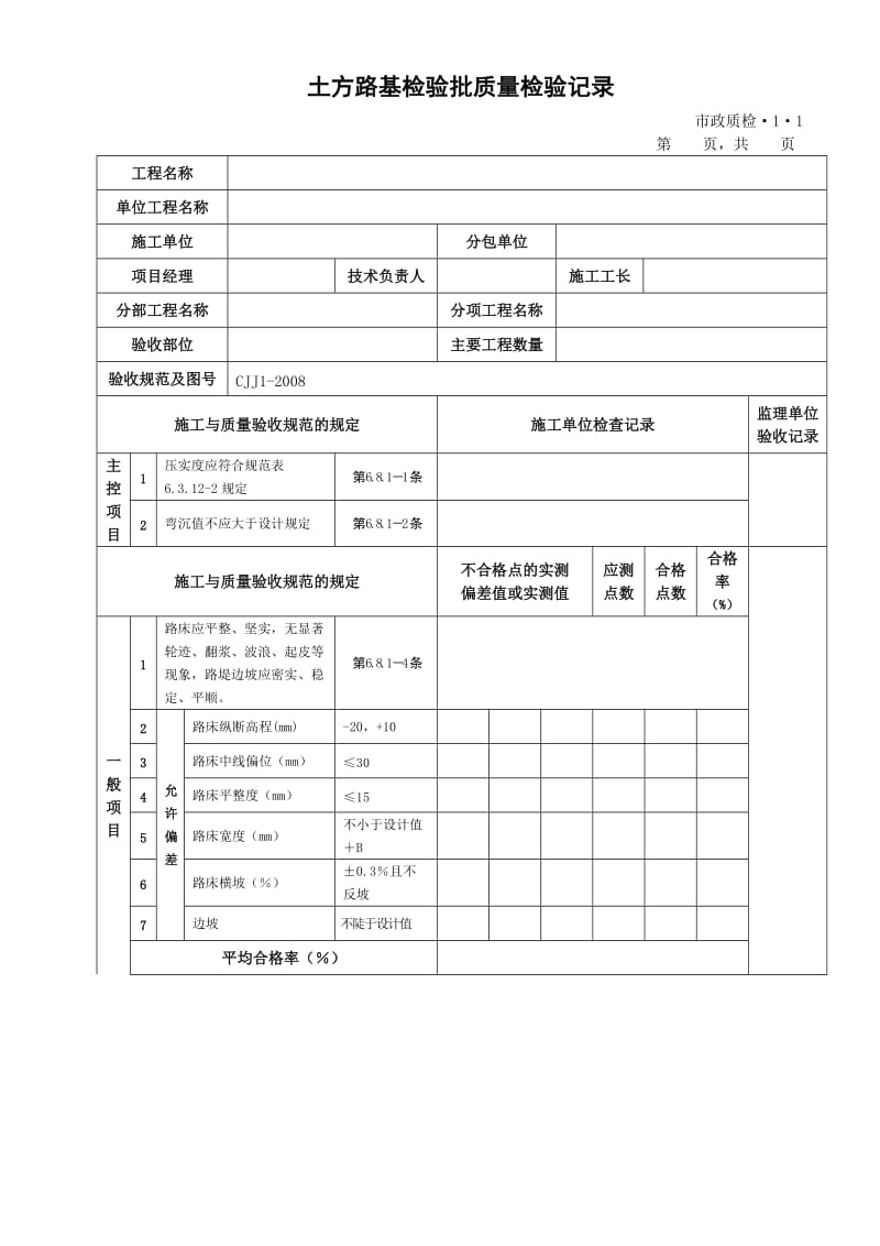 市政道路工程检验批质量检验记录表格全套_第1页