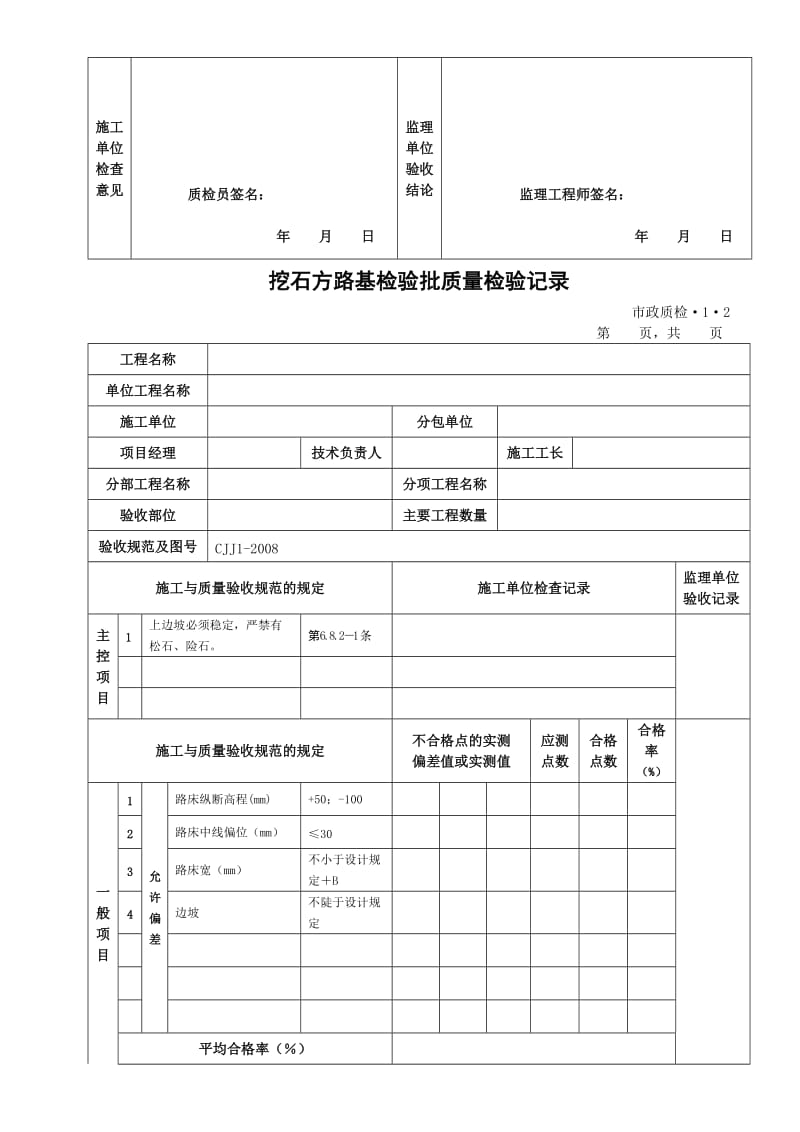 市政道路工程检验批质量检验记录表格全套_第2页