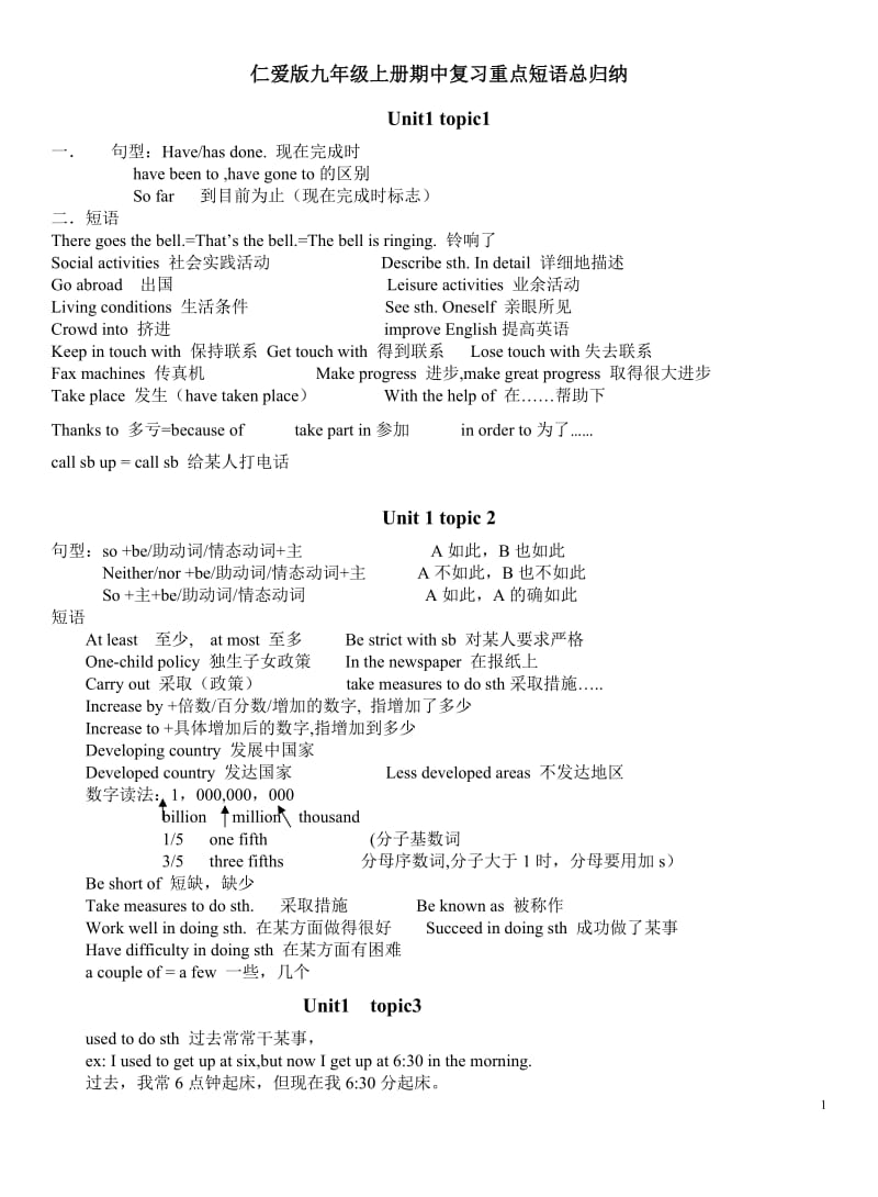 仁爱英语九上册期中考试复习重点短语_第1页