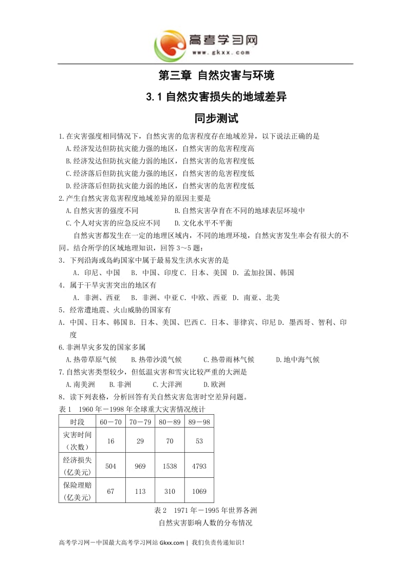 高中地理3.1《自然灾害损失的地域差异》同步练习1（湘教版选修5）_第1页