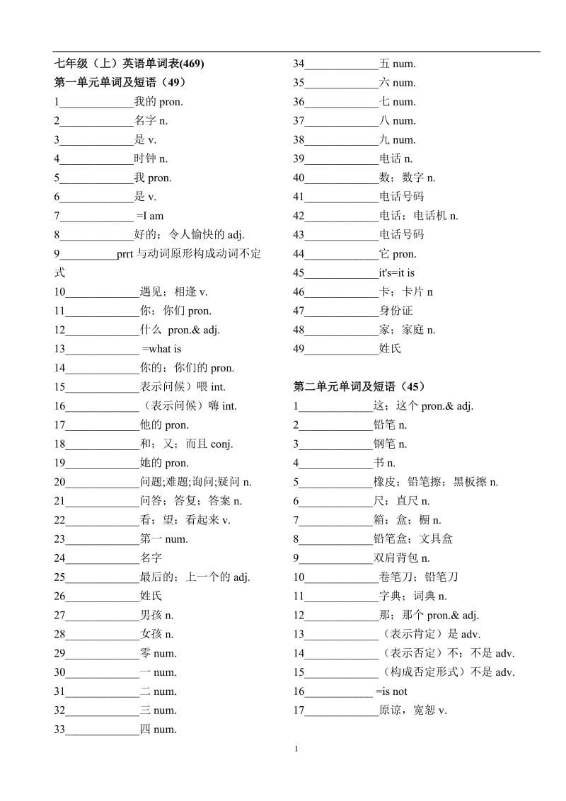 人教版新目标七年级上册英语单词默写表_第1页