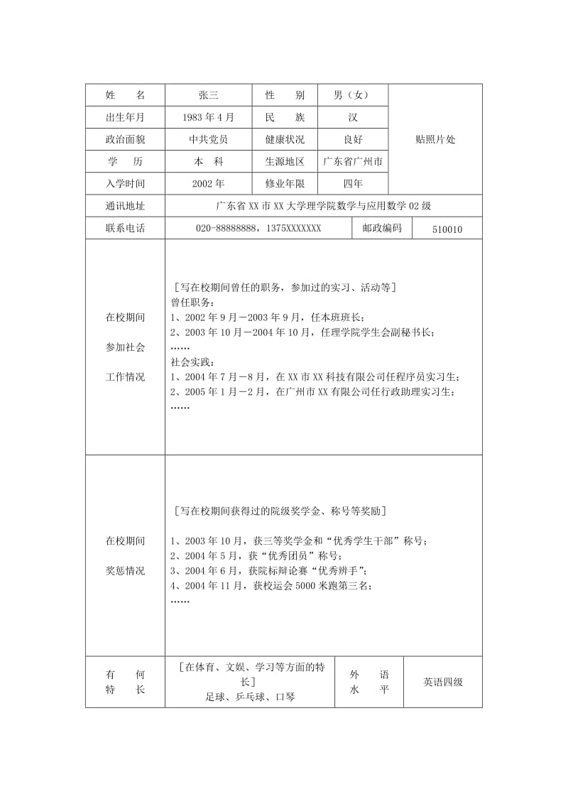 高校毕业生就业推荐表填写范例_第2页