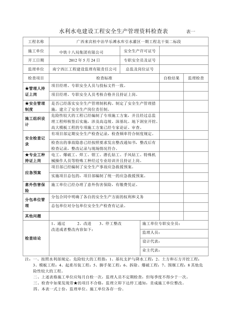 水利水电建设工程安全生产检查表_第1页