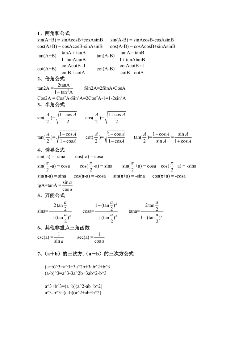 三角函数-反三角函数-积分公式-求导公式_第1页