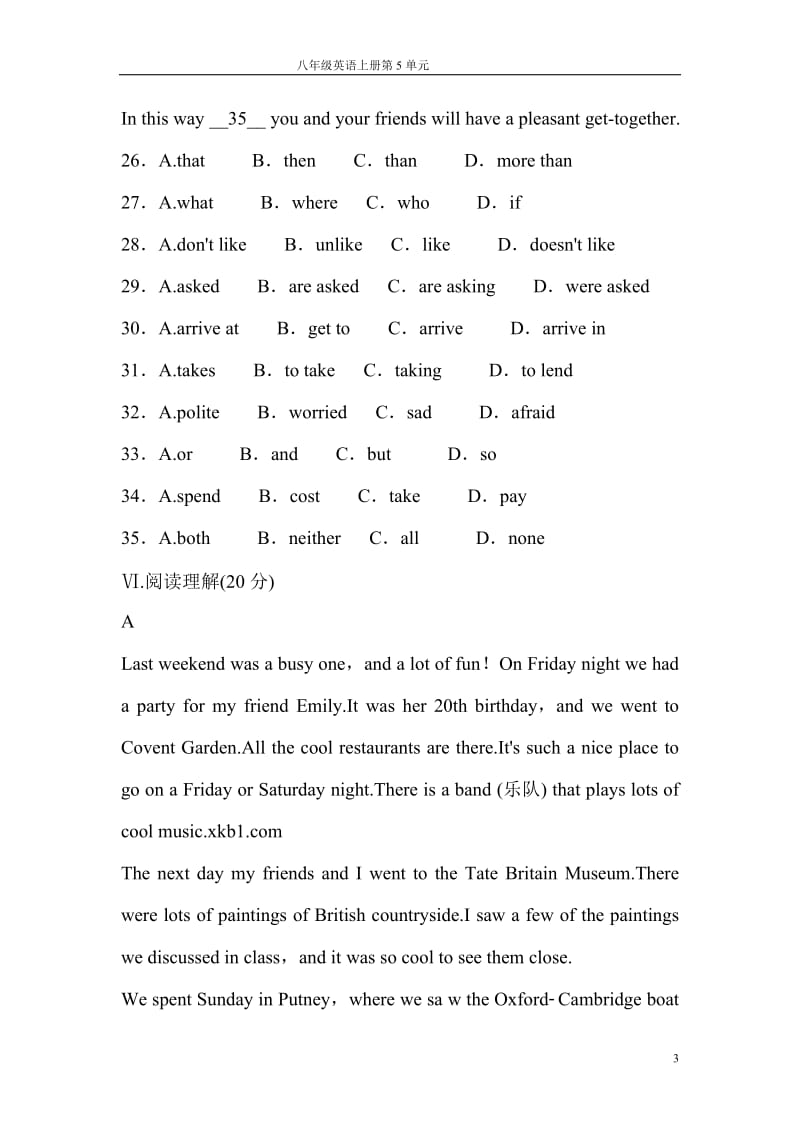 人教版八年级英语上册五单元测试题及答案_第3页