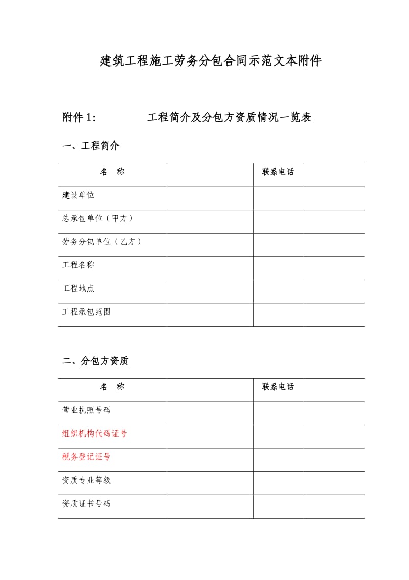 建筑工程施工劳务分包合同示范文本附件_第1页