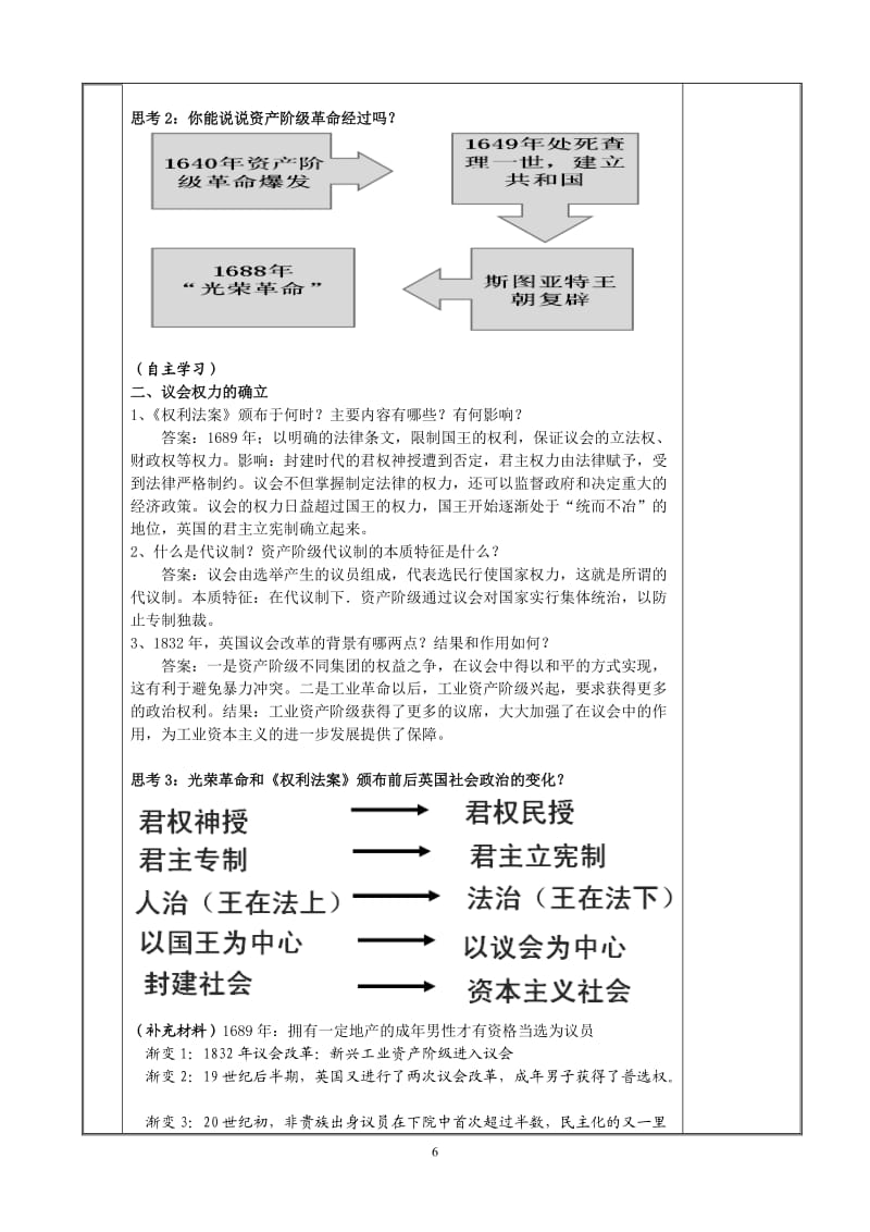 人教版高中历史必修一第三单元第7课《英国君主立宪制的建立》教案_第3页