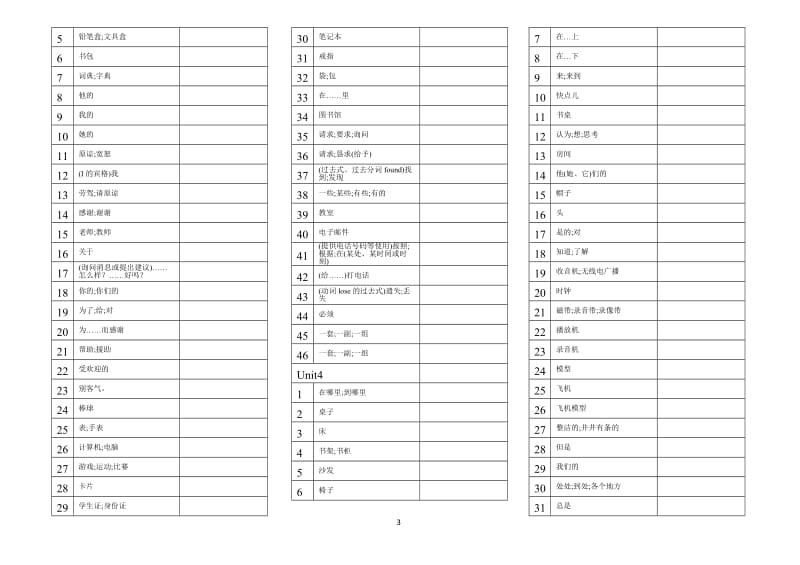 人教新版七年级上册英语单词默写表(直接打印)_第3页