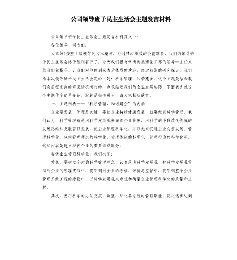 公司领导班子民主生活会主题发言材料.docx_第1页