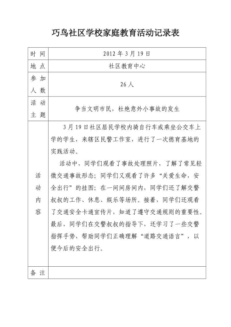 巧鸟社区学校家庭教育活动记录表_第1页