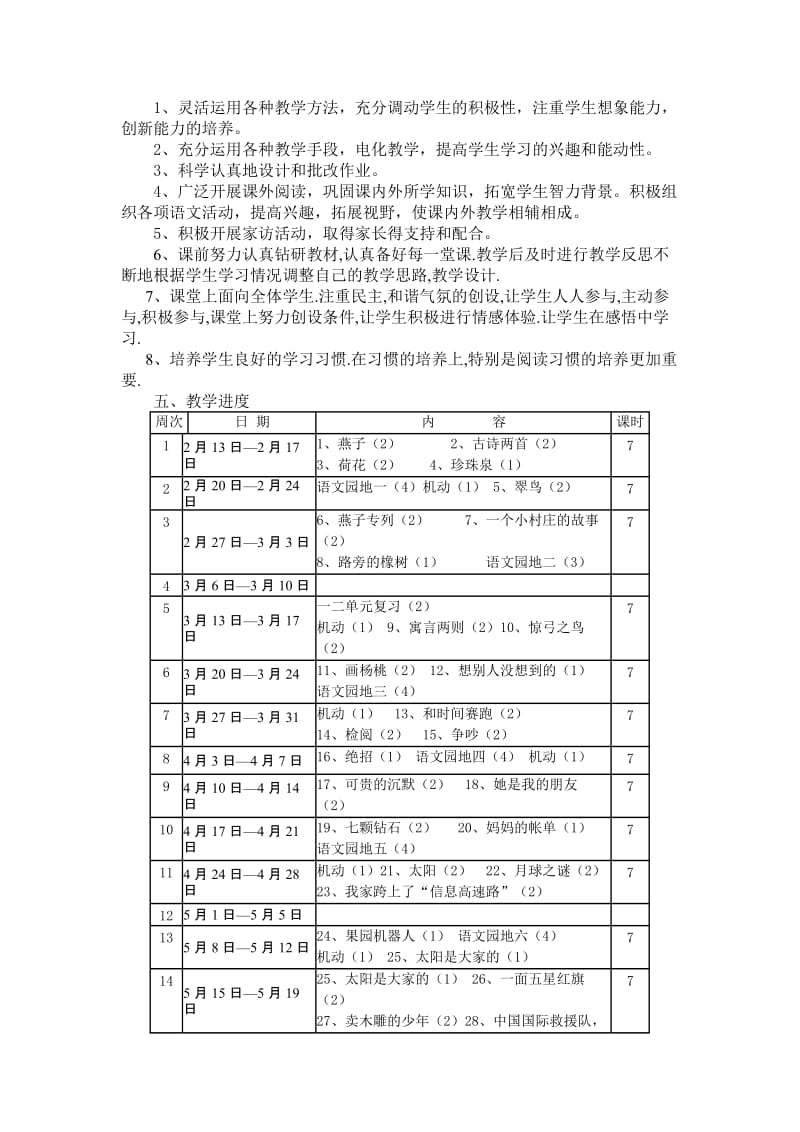 人教2017年春季版小学三年级下册语文教学计划(含进度表)_第2页