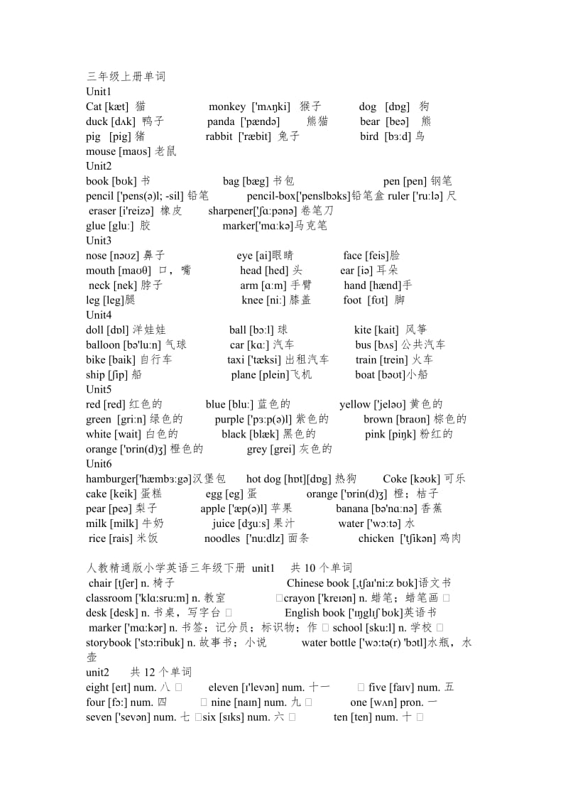 人教精通版小学英语3-6年级单词词汇表_第1页