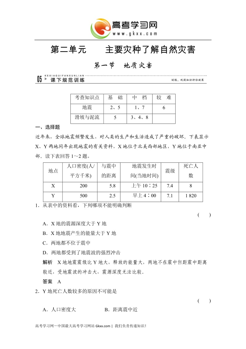 高中地理2.1《地质灾害》每课一练1（鲁教版选修5）_第1页